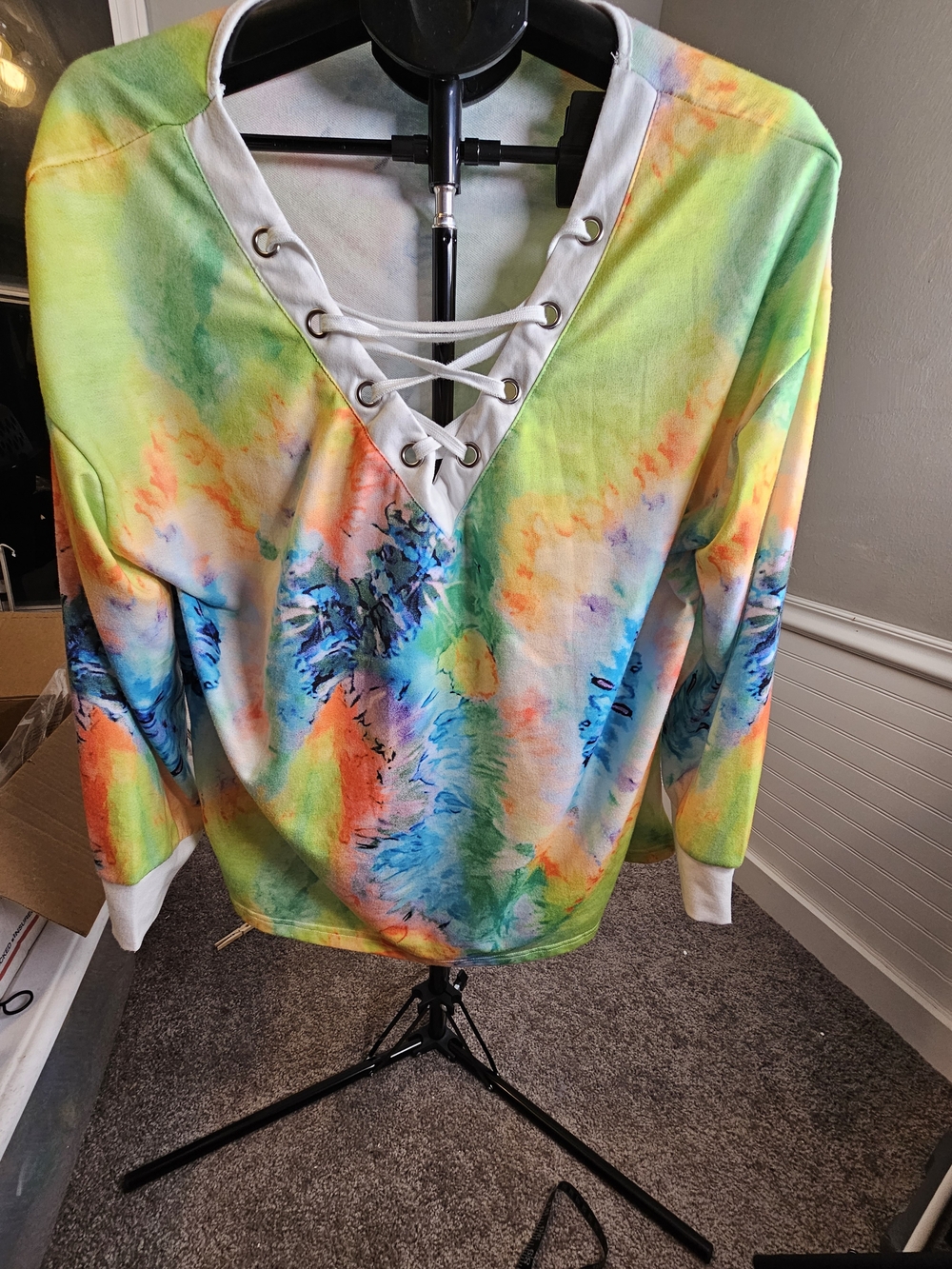 Tie-Dye Lace-Up V-Neck Long Sleeve Top - Multicolor By Bibi XL